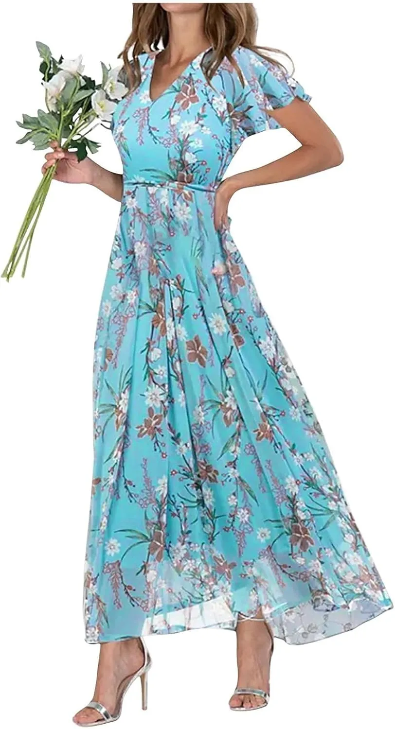 Womens Floral Boho Maxi Dress Summer Short Sleeve Wedding Guest Dress Empire Waist Chiffon Modest Midi Dresses