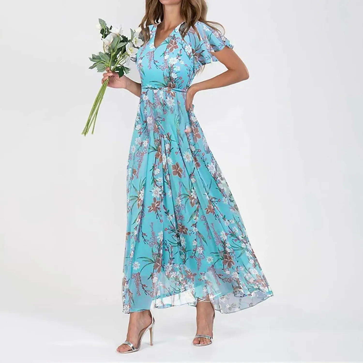 Womens Floral Boho Maxi Dress Summer Short Sleeve Wedding Guest Dress Empire Waist Chiffon Modest Midi Dresses