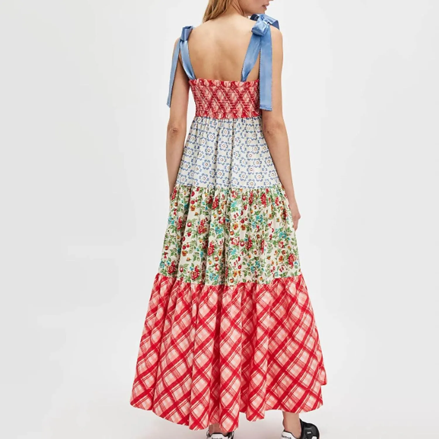 Women's Floral Maxi Dress Shoulder Tie Strap Backless Tiered A-Line Flowy Boho Dresses Cute Summer Long Sundress