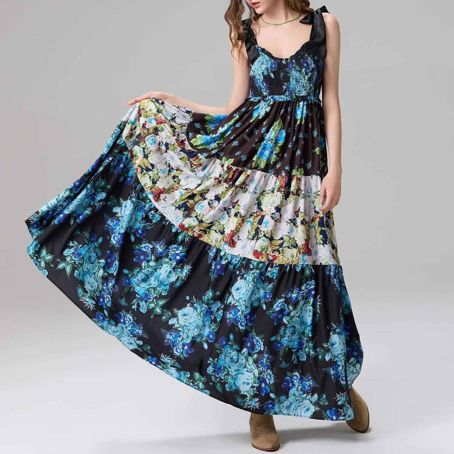 Women's Floral Maxi Dress Shoulder Tie Strap Backless Tiered A-Line Flowy Boho Dresses Cute Summer Long Sundress