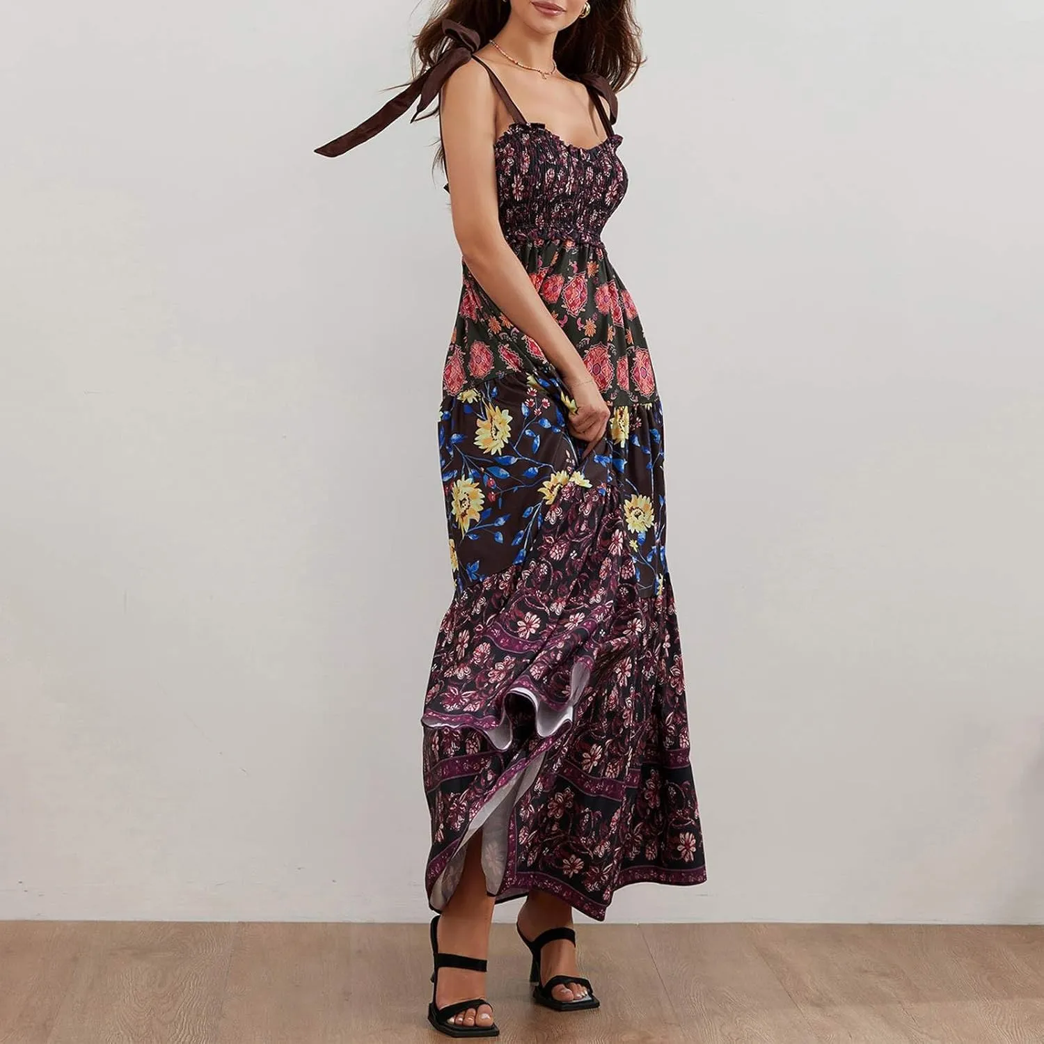 Women's Floral Maxi Dress Shoulder Tie Strap Backless Tiered A-Line Flowy Boho Dresses Cute Summer Long Sundress