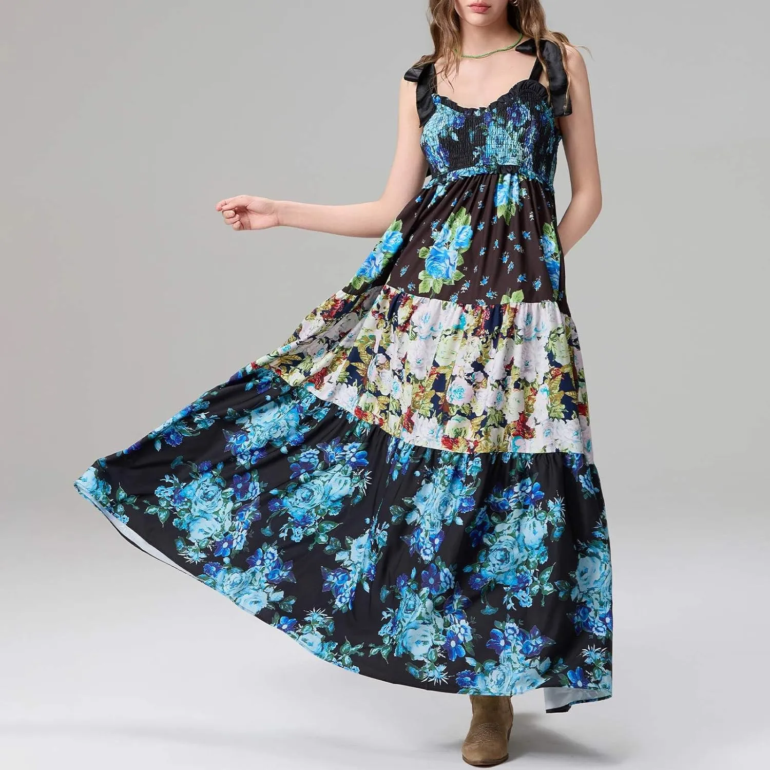 Women's Floral Maxi Dress Shoulder Tie Strap Backless Tiered A-Line Flowy Boho Dresses Cute Summer Long Sundress