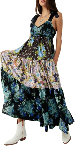 Women's Floral Maxi Dress Shoulder Tie Strap Backless Tiered A-Line Flowy Boho Dresses Cute Summer Long Sundress