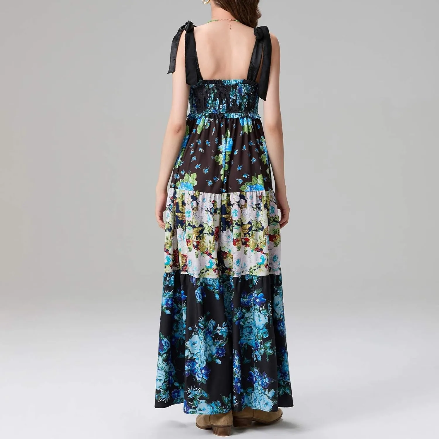 Women's Floral Maxi Dress Shoulder Tie Strap Backless Tiered A-Line Flowy Boho Dresses Cute Summer Long Sundress