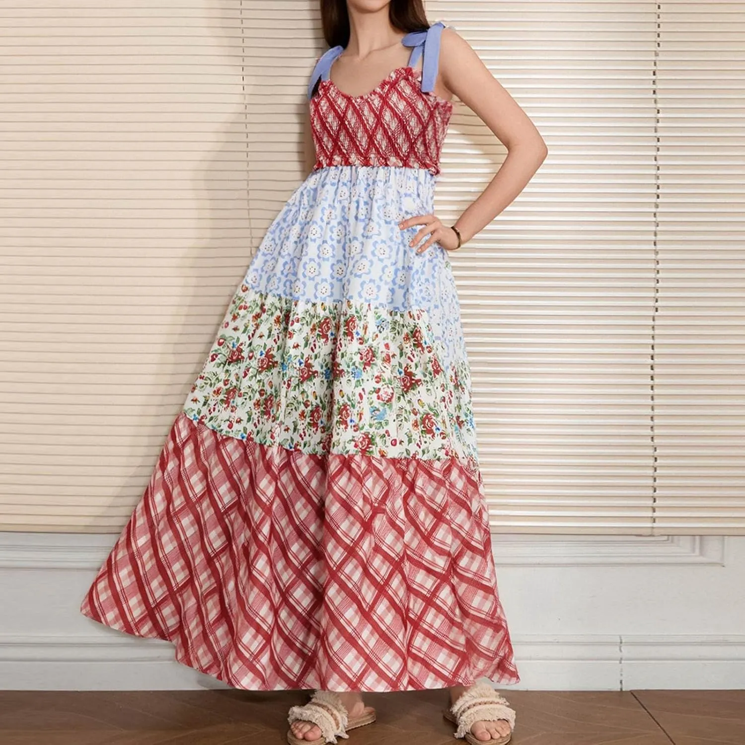 Women's Floral Maxi Dress Shoulder Tie Strap Backless Tiered A-Line Flowy Boho Dresses Cute Summer Long Sundress