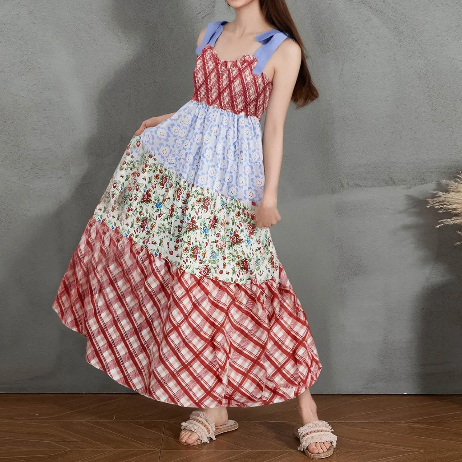 Women's Floral Maxi Dress Shoulder Tie Strap Backless Tiered A-Line Flowy Boho Dresses Cute Summer Long Sundress