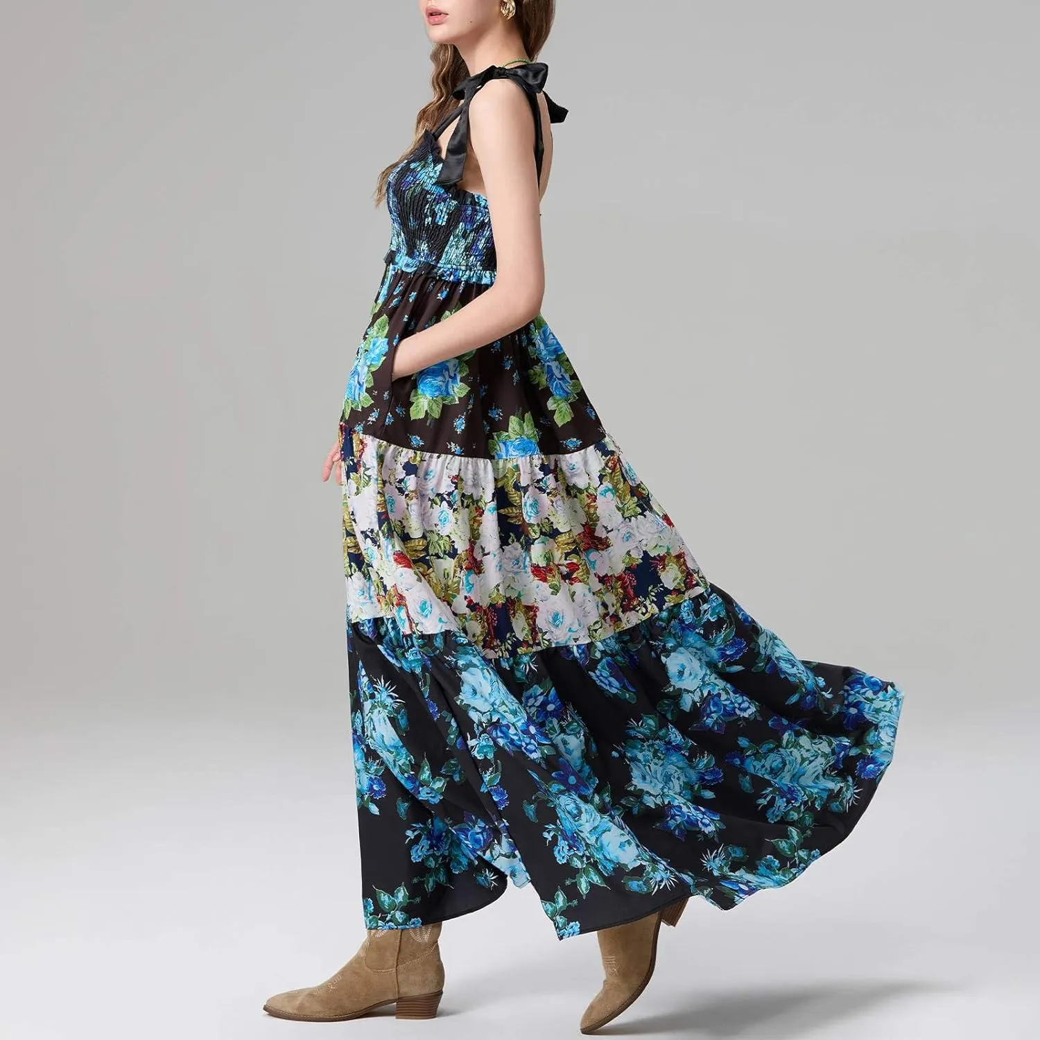 Women's Floral Maxi Dress Shoulder Tie Strap Backless Tiered A-Line Flowy Boho Dresses Cute Summer Long Sundress