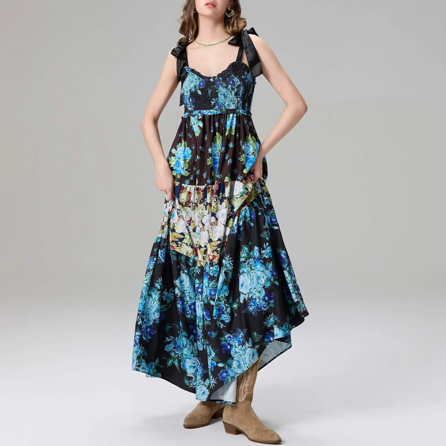 Women's Floral Maxi Dress Shoulder Tie Strap Backless Tiered A-Line Flowy Boho Dresses Cute Summer Long Sundress