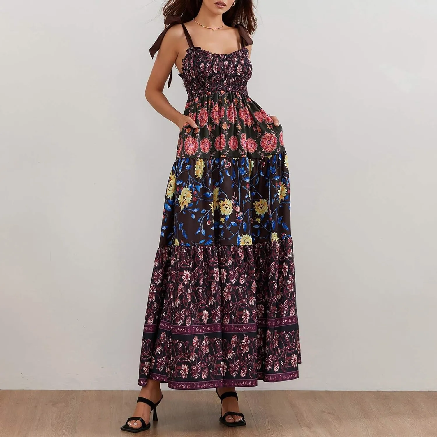 Women's Floral Maxi Dress Shoulder Tie Strap Backless Tiered A-Line Flowy Boho Dresses Cute Summer Long Sundress