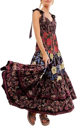 Women's Floral Maxi Dress Shoulder Tie Strap Backless Tiered A-Line Flowy Boho Dresses Cute Summer Long Sundress