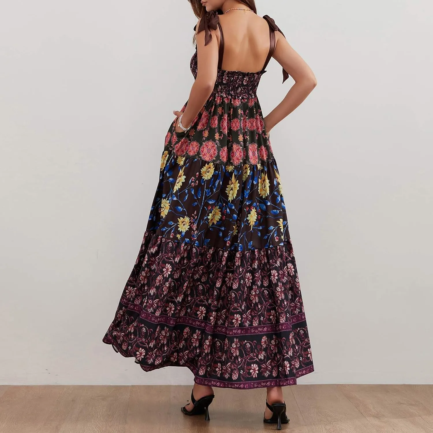 Women's Floral Maxi Dress Shoulder Tie Strap Backless Tiered A-Line Flowy Boho Dresses Cute Summer Long Sundress