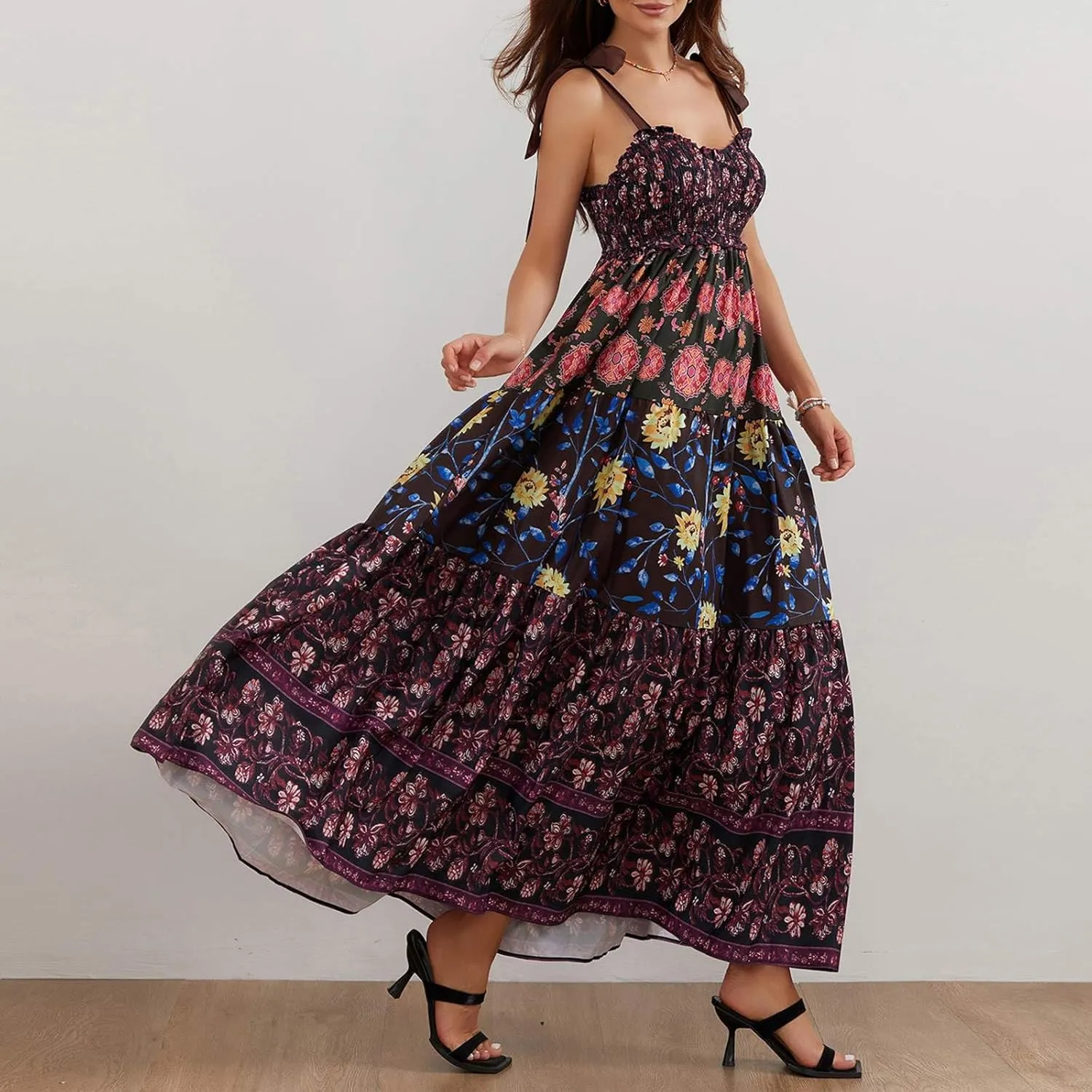 Women's Floral Maxi Dress Shoulder Tie Strap Backless Tiered A-Line Flowy Boho Dresses Cute Summer Long Sundress