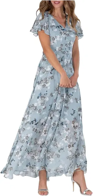 Womens Floral Maxi Dress Summer Short Sleeve Boho Wedding Guest Dress Empire Waist Chiffon Modest Midi Dresses