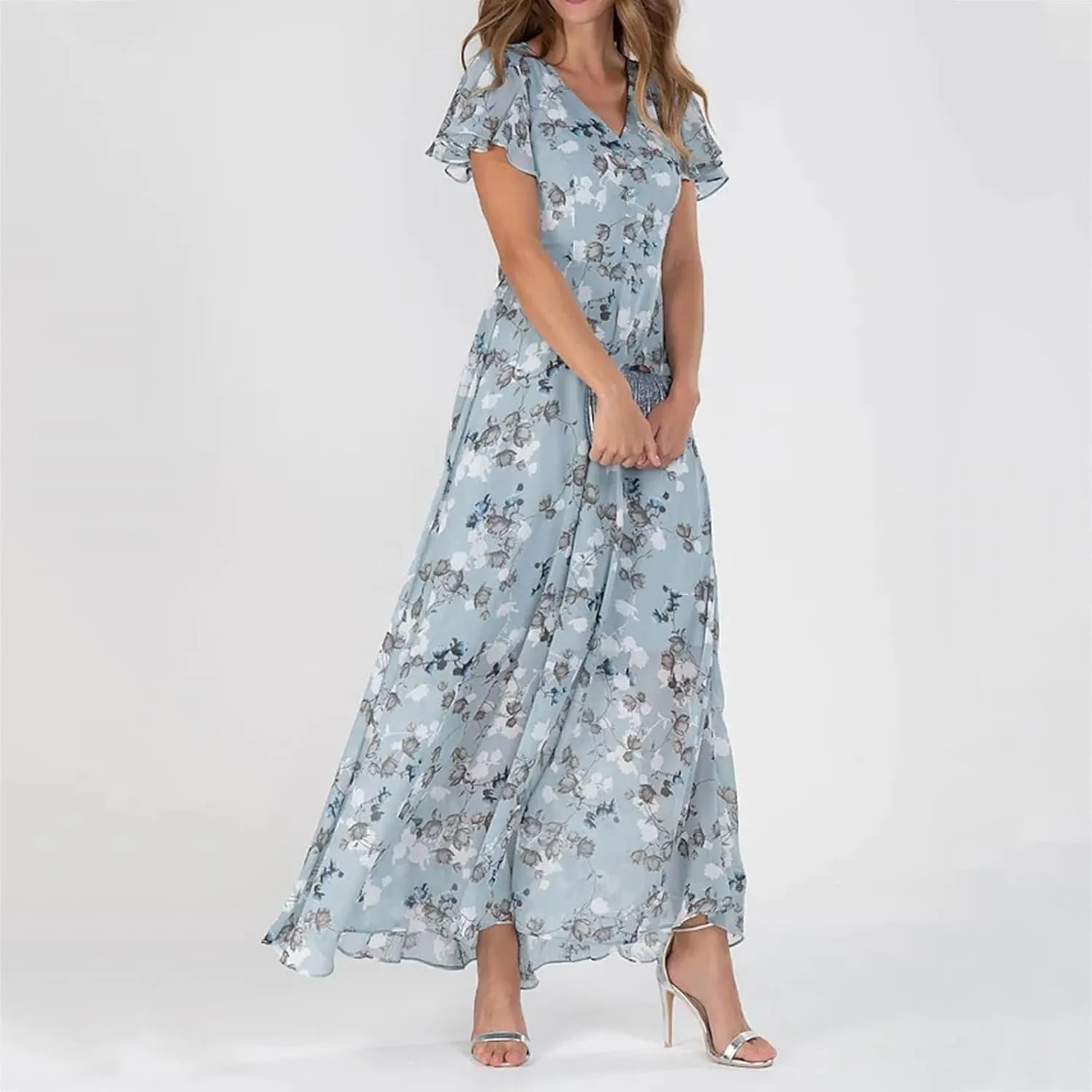 Womens Floral Maxi Dress Summer Short Sleeve Boho Wedding Guest Dress Empire Waist Chiffon Modest Midi Dresses