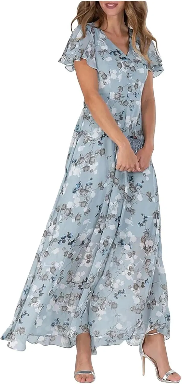Womens Floral Maxi Dress Summer Short Sleeve Boho Wedding Guest Dress Empire Waist Chiffon Modest Midi Dresses