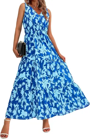 Women's Floral Summer Maxi Dress Casual Sleeveless Drsses V Neck Empire Waist Boho Dress Swing Flowy Sundress