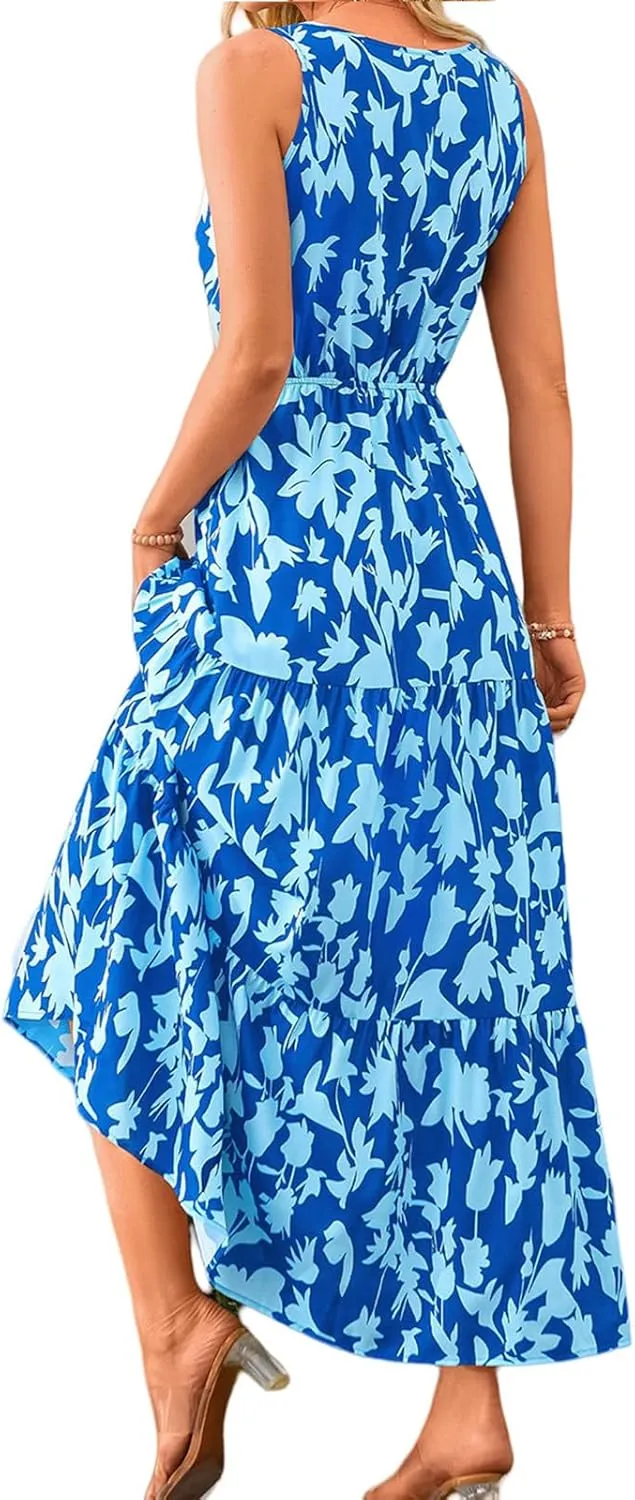 Women's Floral Summer Maxi Dress Casual Sleeveless Drsses V Neck Empire Waist Boho Dress Swing Flowy Sundress