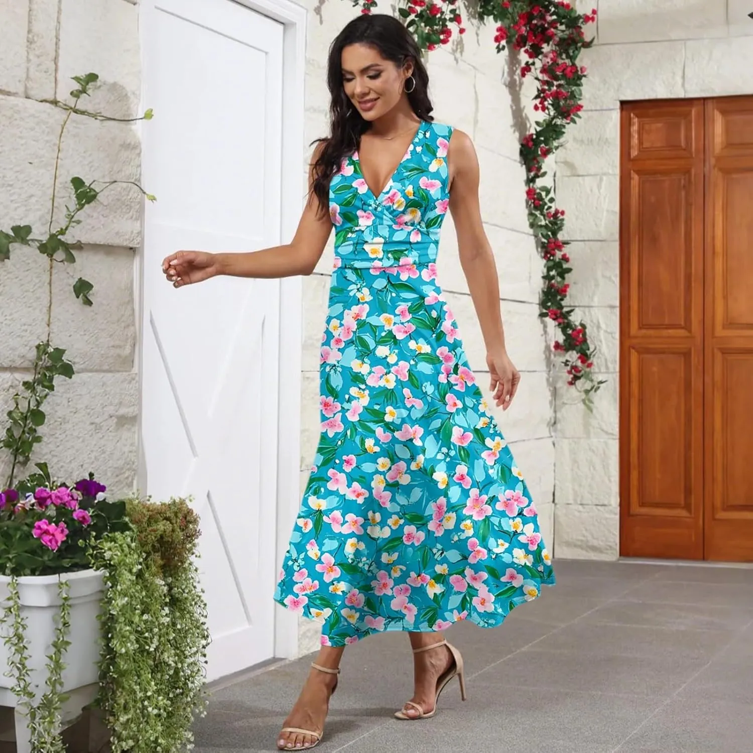 Women's Flowy Dresses Sleeveless V Neck Floral Empire Waist Beach Summer A Line Maxi Sundresses, S-2XL