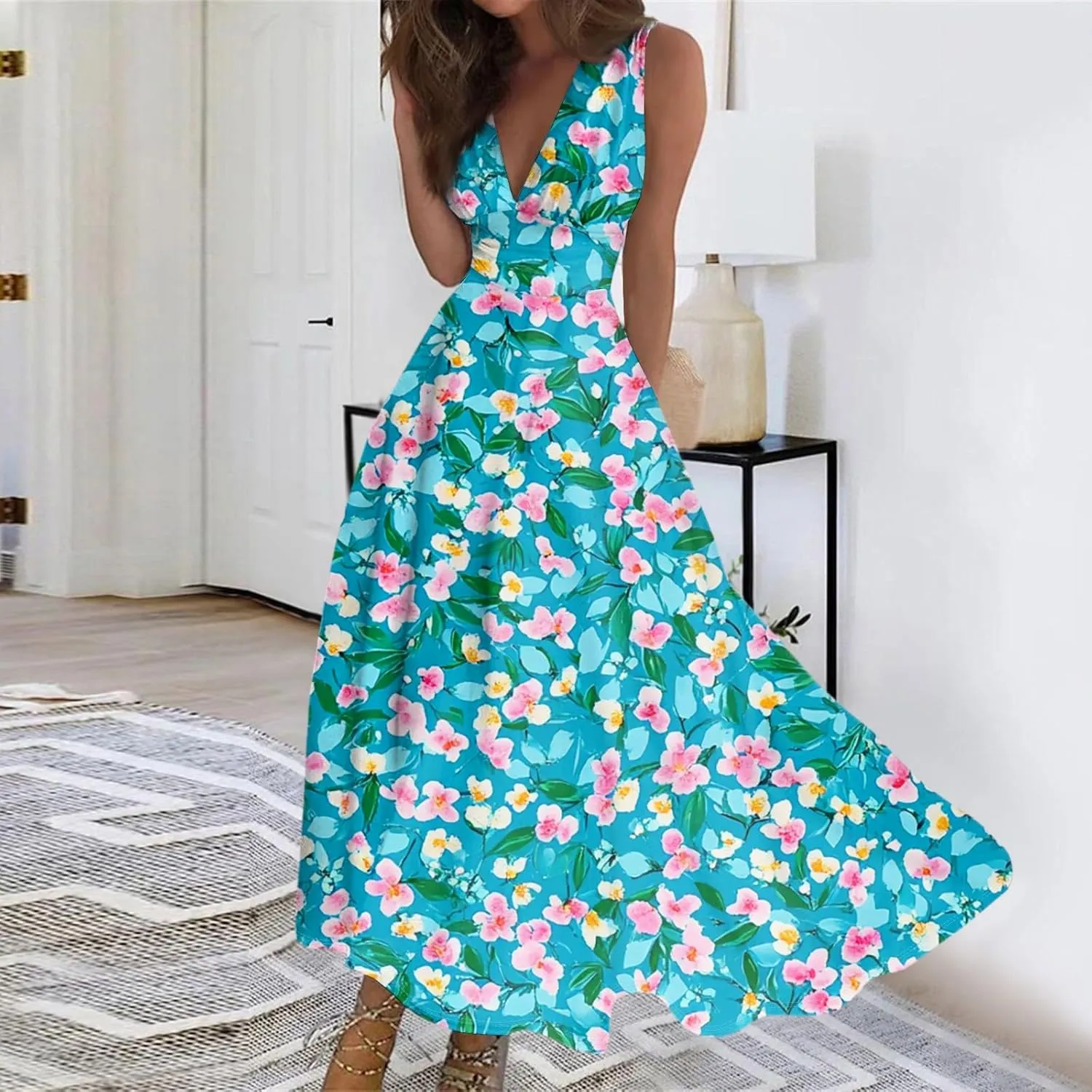 Women's Flowy Dresses Sleeveless V Neck Floral Empire Waist Beach Summer A Line Maxi Sundresses, S-2XL