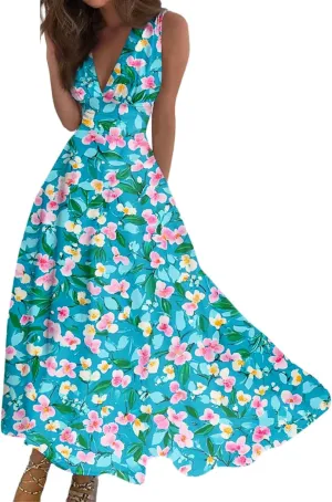 Women's Flowy Dresses Sleeveless V Neck Floral Empire Waist Beach Summer A Line Maxi Sundresses, S-2XL