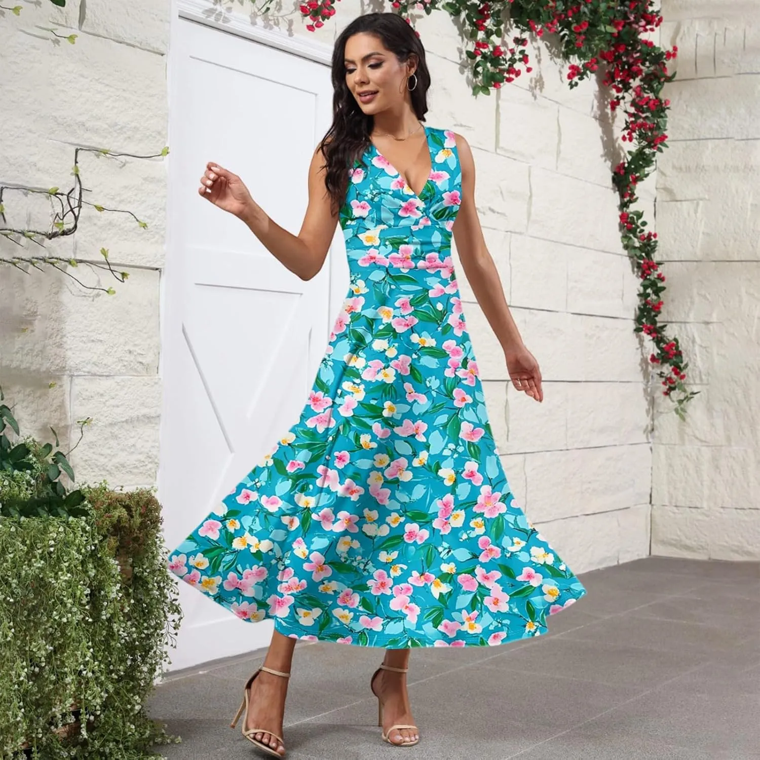 Women's Flowy Dresses Sleeveless V Neck Floral Empire Waist Beach Summer A Line Maxi Sundresses, S-2XL