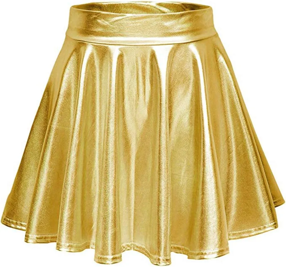 Women's Fold Leather Mini Skirt Fashion Bright Color Pleated Skirt Elastic Skirts Ruffle Layered Pleated Skirts
