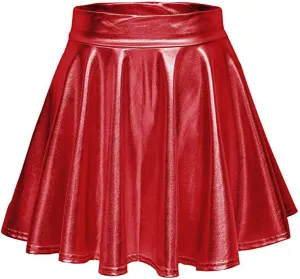 Women's Fold Leather Mini Skirt Fashion Bright Color Pleated Skirt Elastic Skirts Ruffle Layered Pleated Skirts