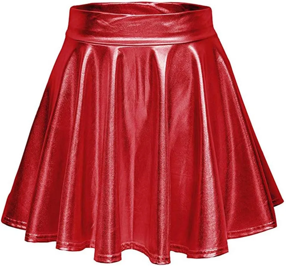 Women's Fold Leather Mini Skirt Fashion Bright Color Pleated Skirt Elastic Skirts Ruffle Layered Pleated Skirts