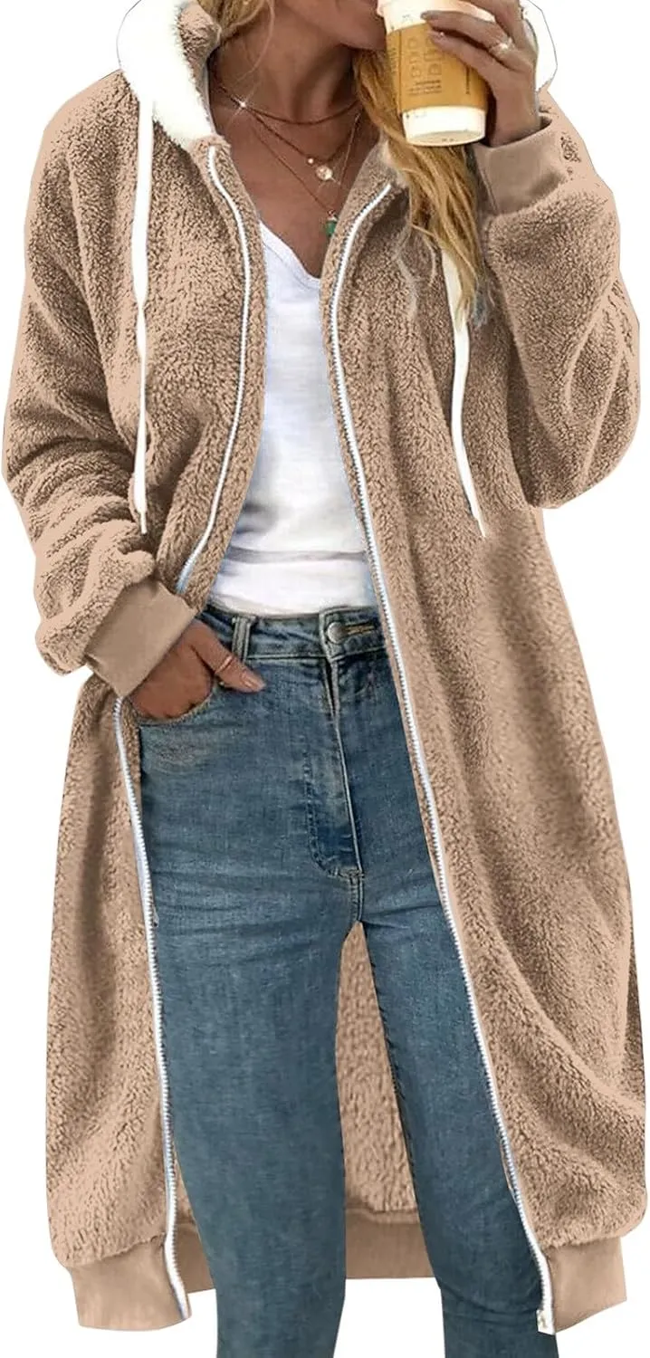 Women's Fuzzy Cardigan Jacket Winter Warm Flannel Fleece Baggy Trendy Hoodies Lightweight Long Length Casual Outwears