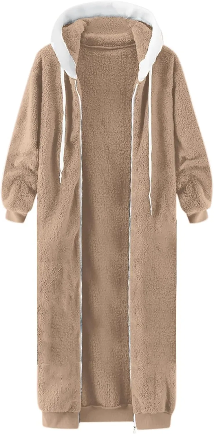 Women's Fuzzy Cardigan Jacket Winter Warm Flannel Fleece Baggy Trendy Hoodies Lightweight Long Length Casual Outwears