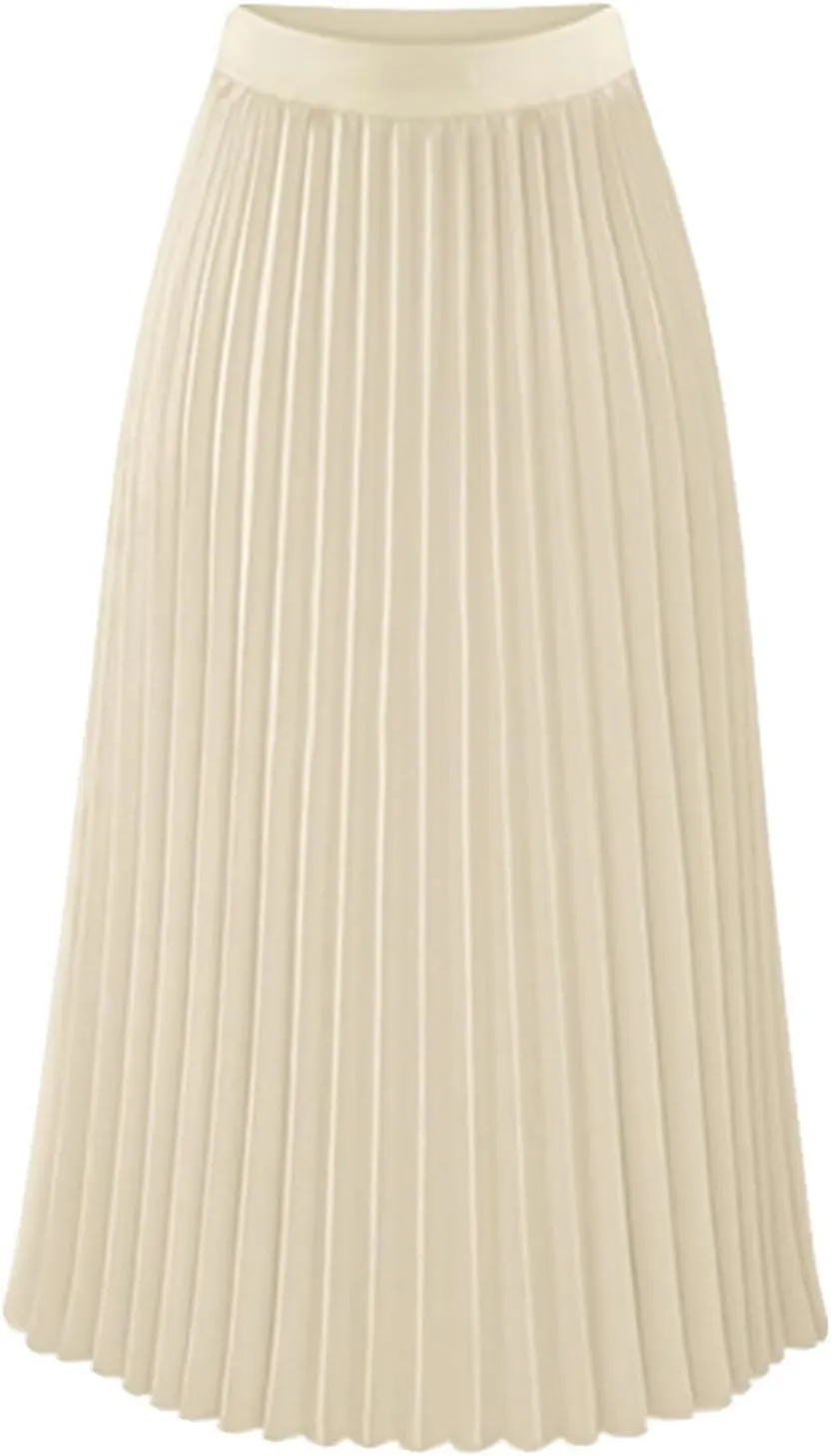 Womens High Elastic Waist Pleated Chiffon Skirt Midi Swing A-line Skirt Dressy Plain Solid Color Elegant Long Skirts