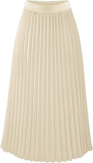 Womens High Elastic Waist Pleated Chiffon Skirt Midi Swing A-line Skirt Dressy Plain Solid Color Elegant Long Skirts