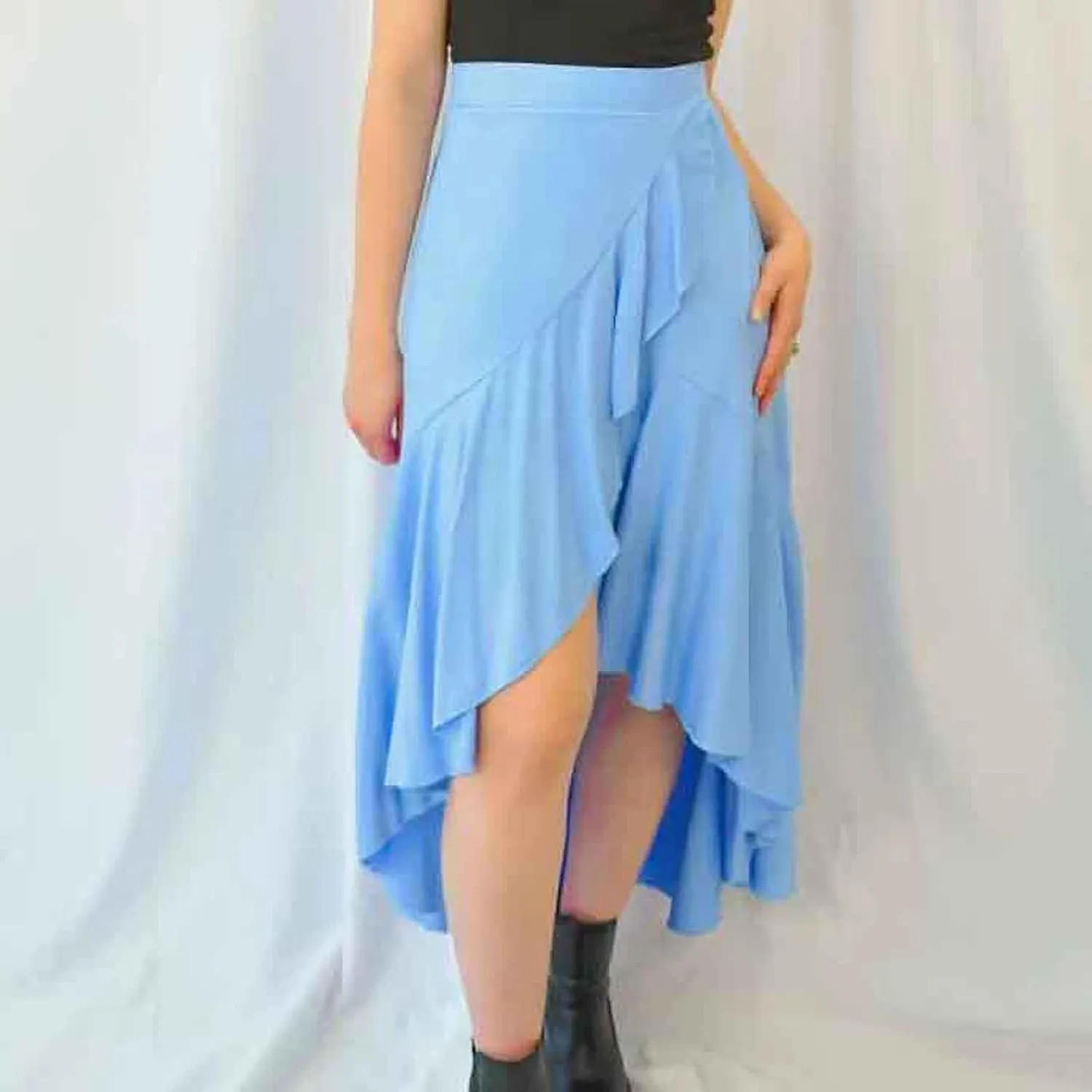 Women's High Low Asymmetrical Flowy Midi Skirt, High Waist Ruched Casual Skirts Streetwear Fashion Clothes