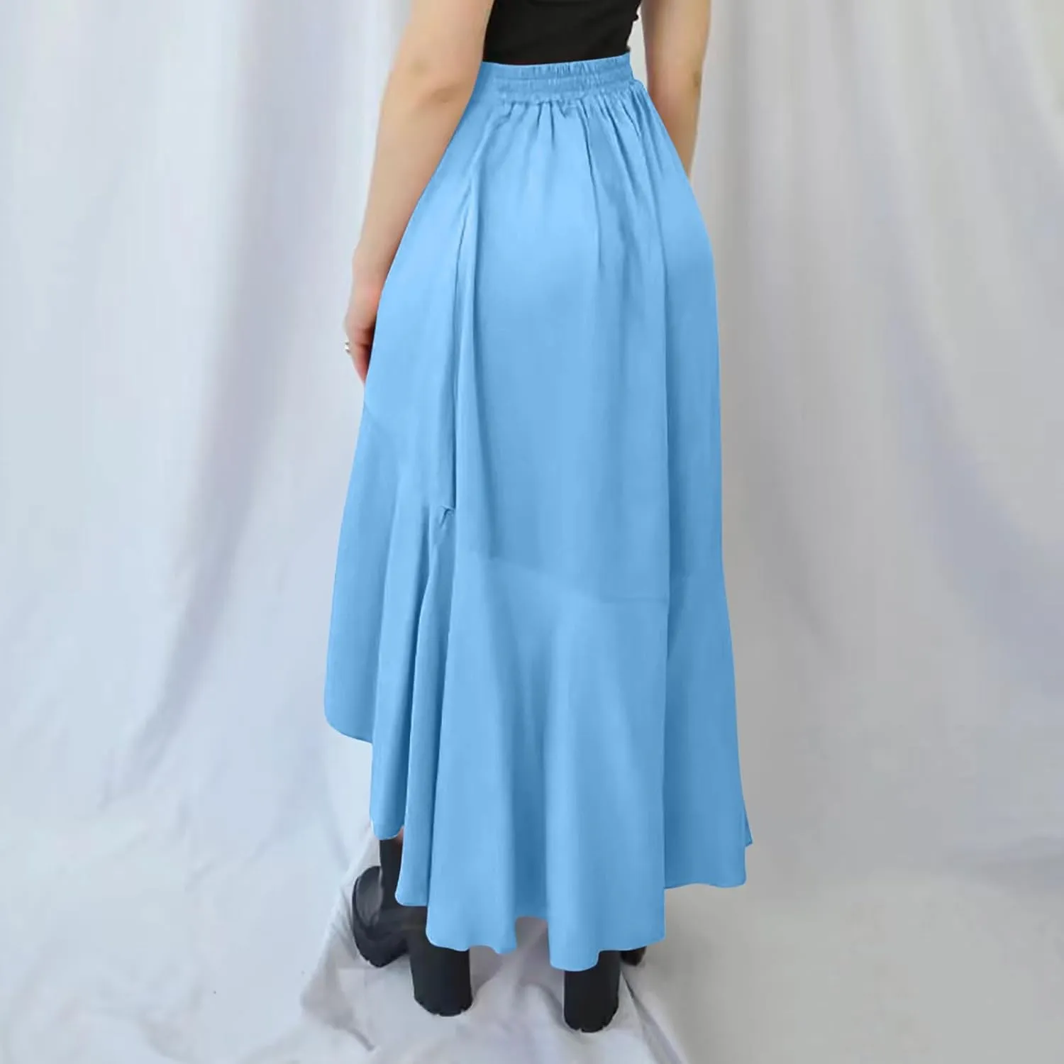 Women's High Low Asymmetrical Flowy Midi Skirt, High Waist Ruched Casual Skirts Streetwear Fashion Clothes