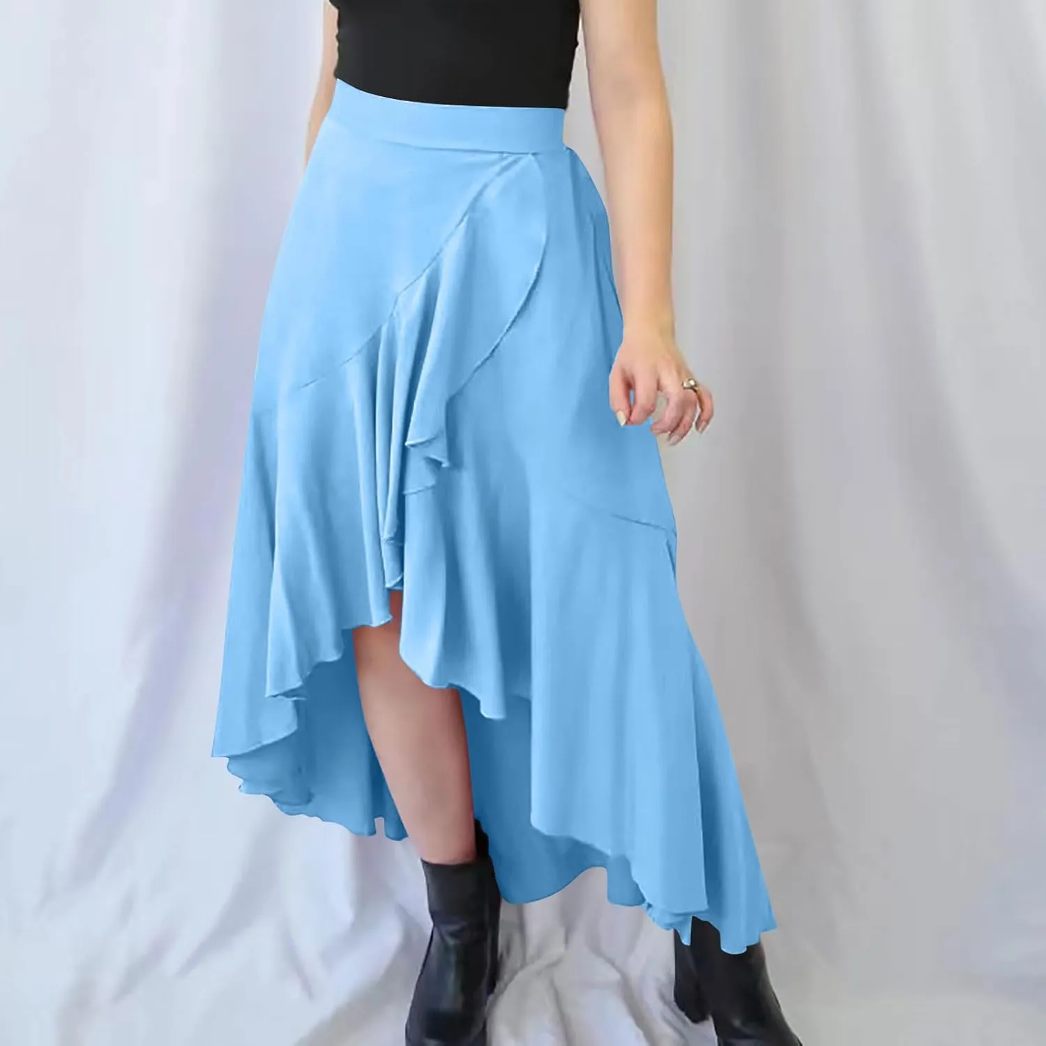 Women's High Low Asymmetrical Flowy Midi Skirt, High Waist Ruched Casual Skirts Streetwear Fashion Clothes