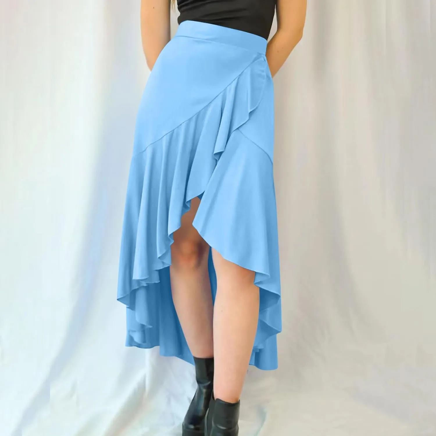 Women's High Low Asymmetrical Flowy Midi Skirt, High Waist Ruched Casual Skirts Streetwear Fashion Clothes