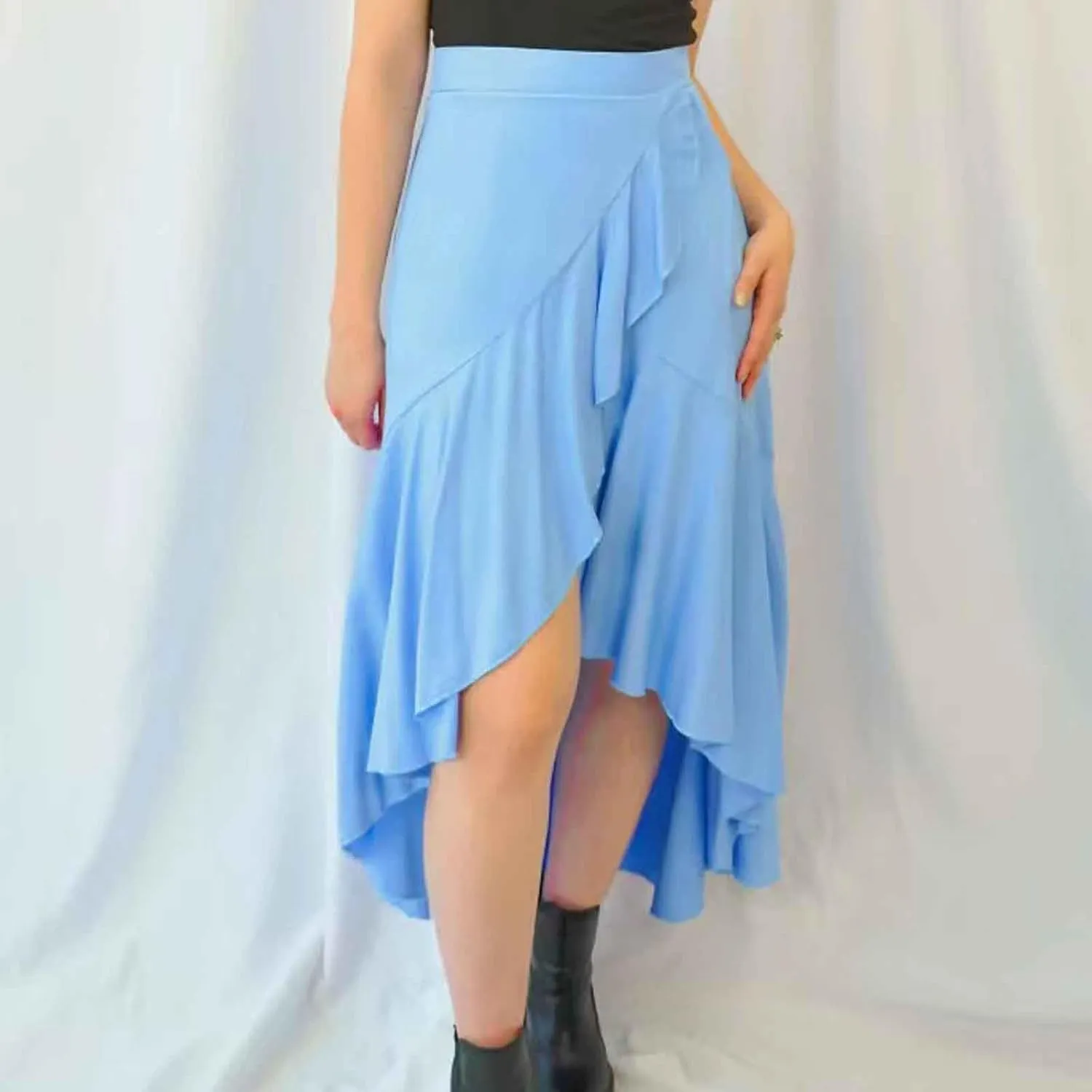 Women's High Low Asymmetrical Flowy Midi Skirt, High Waist Ruched Casual Skirts Streetwear Fashion Clothes