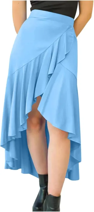 Women's High Low Asymmetrical Flowy Midi Skirt, High Waist Ruched Casual Skirts Streetwear Fashion Clothes