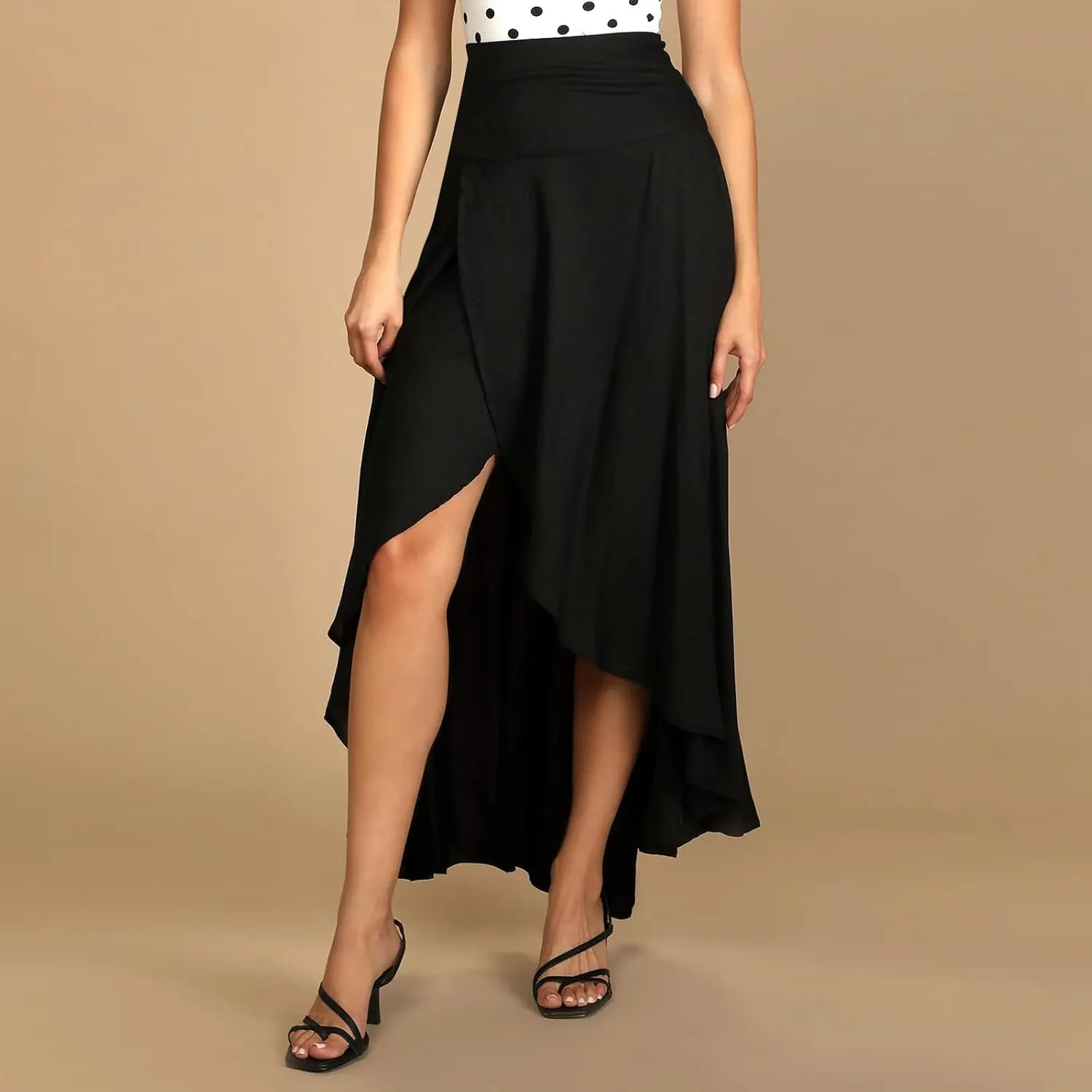 Women's High Low Casual Slit Wrap Asymmetrical Skirt - Solid Elastic High Waist With High Split - Flowy Long Maxi