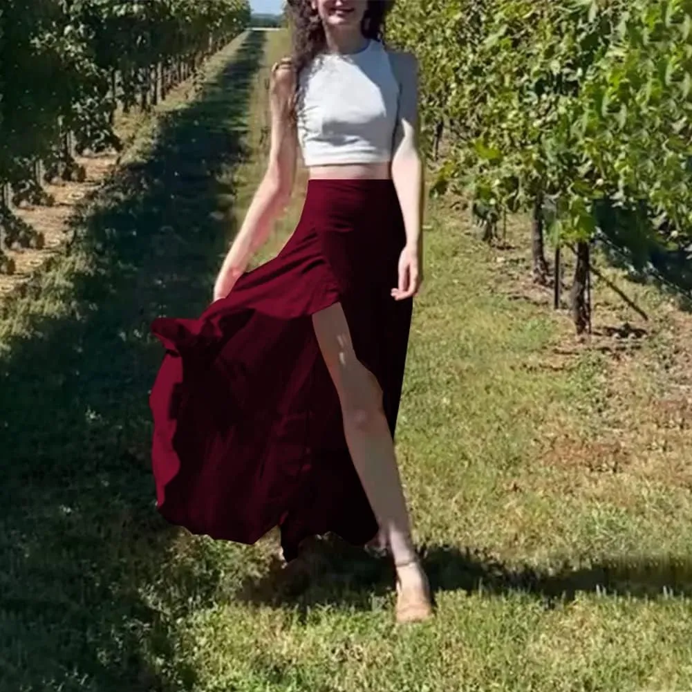 Women's High Low Casual Slit Wrap Asymmetrical Skirt - Solid Elastic High Waist With High Split - Flowy Long Maxi