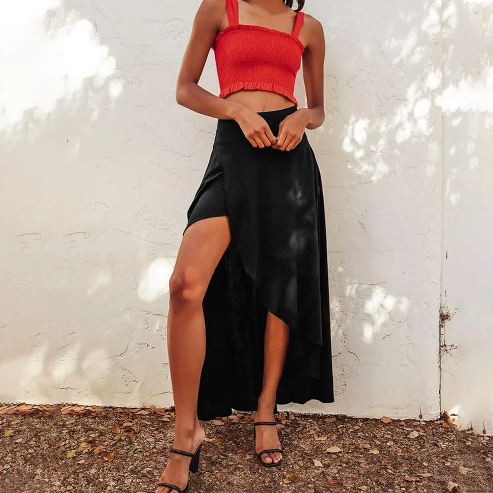 Women's High Low Casual Slit Wrap Asymmetrical Skirt - Solid Elastic High Waist With High Split - Flowy Long Maxi