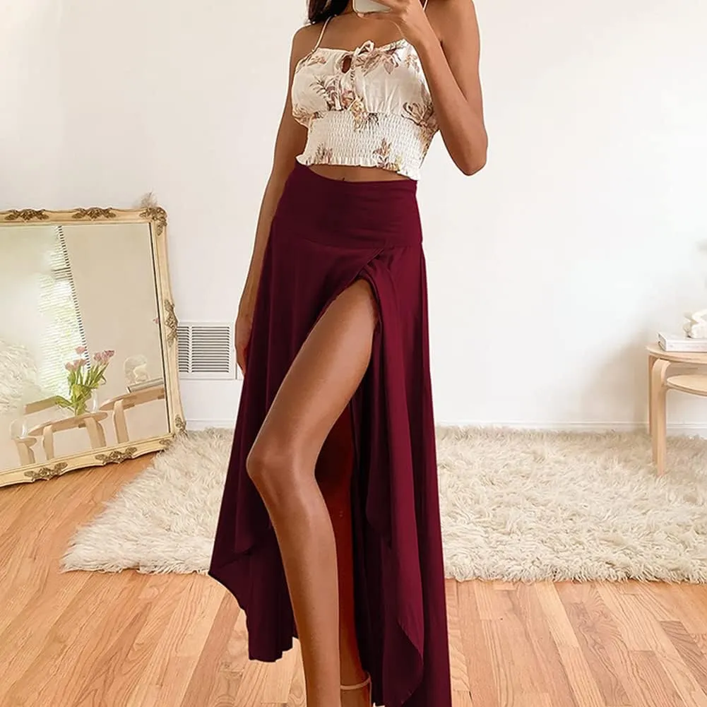 Women's High Low Casual Slit Wrap Asymmetrical Skirt - Solid Elastic High Waist With High Split - Flowy Long Maxi