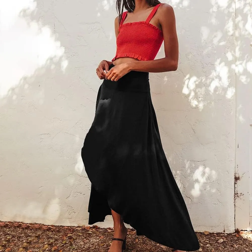 Women's High Low Casual Slit Wrap Asymmetrical Skirt - Solid Elastic High Waist With High Split - Flowy Long Maxi