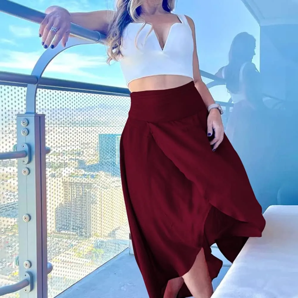 Women's High Low Casual Slit Wrap Asymmetrical Skirt - Solid Elastic High Waist With High Split - Flowy Long Maxi