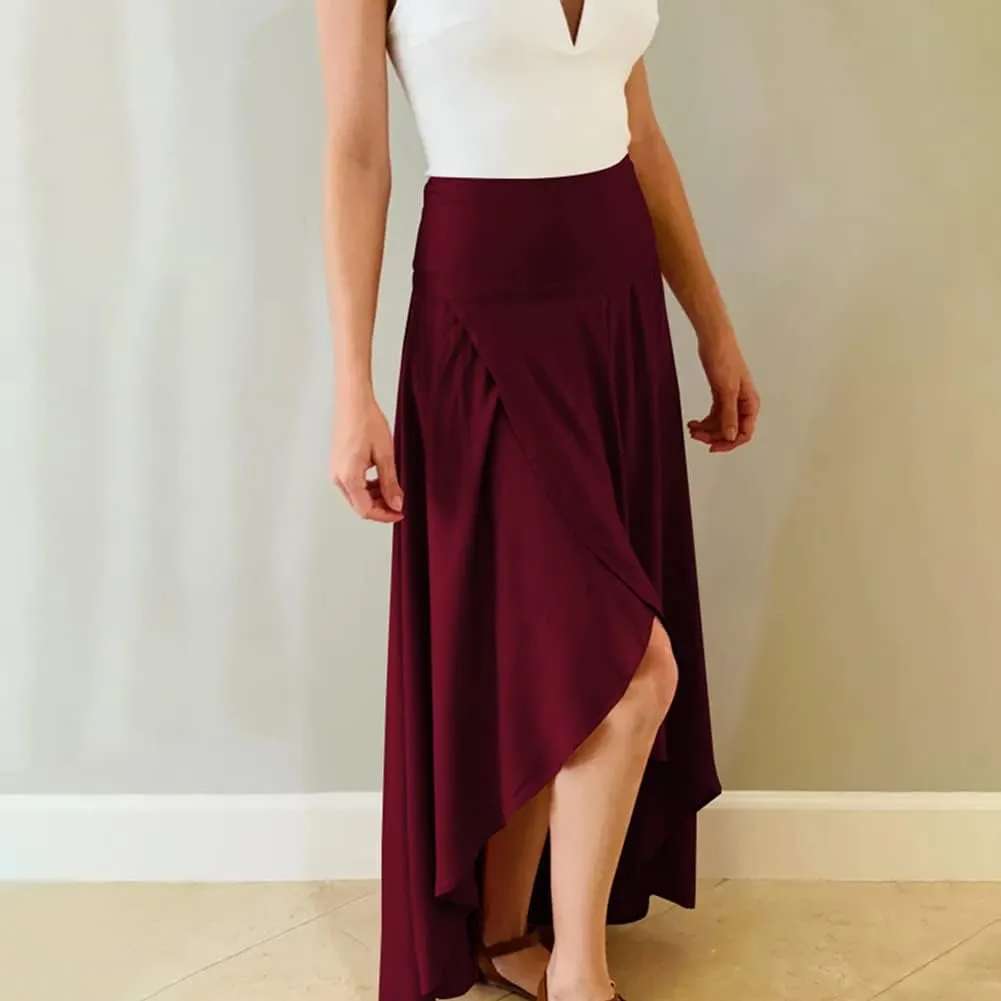 Women's High Low Casual Slit Wrap Asymmetrical Skirt - Solid Elastic High Waist With High Split - Flowy Long Maxi
