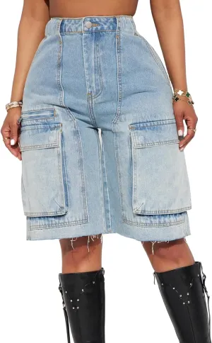 Women's High Waist Denim Shorts Straight Leg Raw Hem Jean Shorts Summer Hot Pants with Pockets