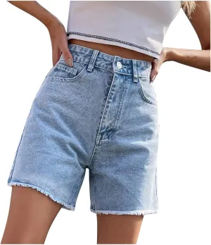 Women's High Waisted Denim Shorts Straight Leg Jean Shorts Bermuda Shorts Raw Hem Summer Hot Pants with Pockets