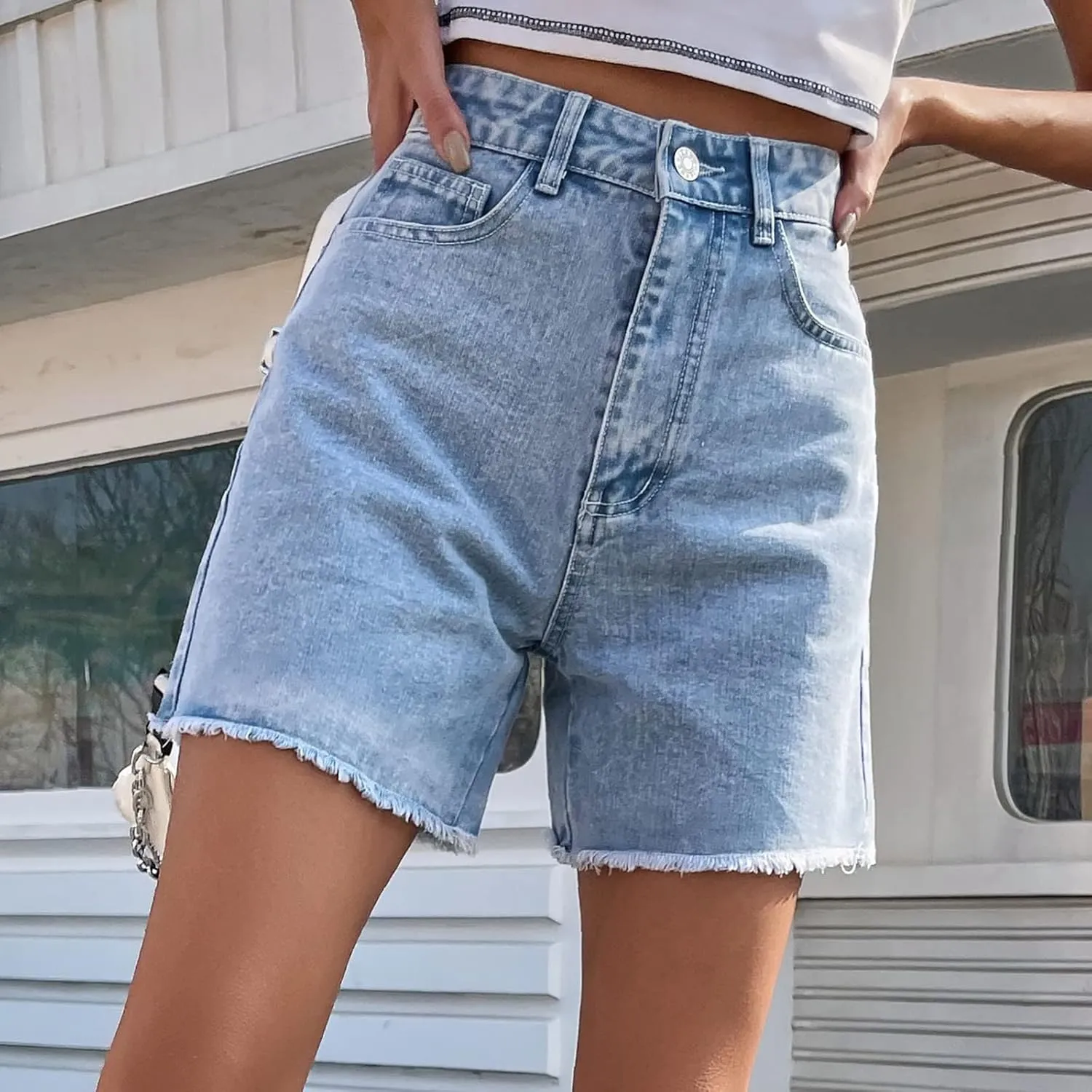 Women's High Waisted Denim Shorts Straight Leg Jean Shorts Bermuda Shorts Raw Hem Summer Hot Pants with Pockets