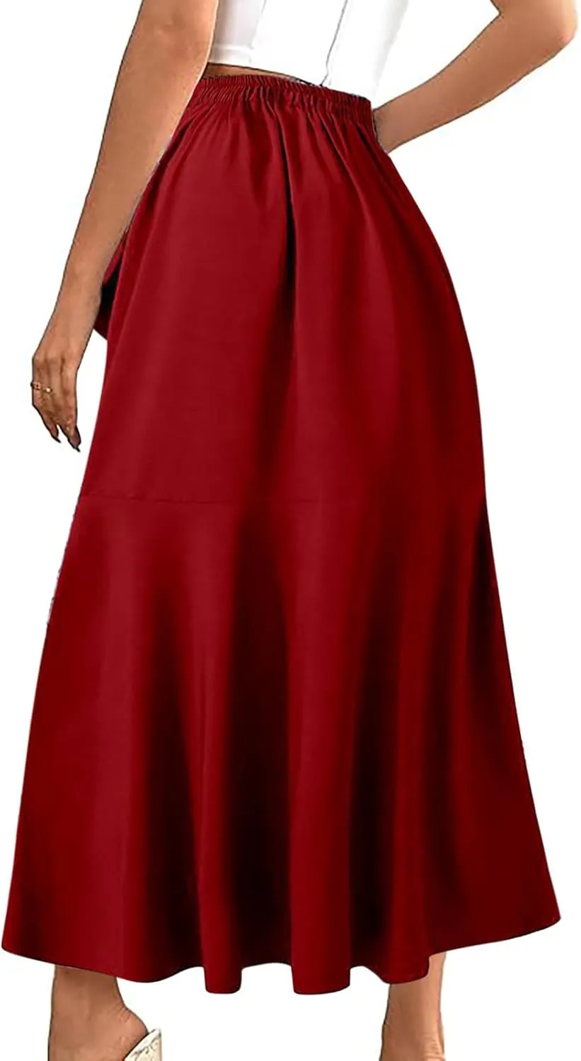 Women's High Waisted Ruffle Skirt Asymmetrical Hem Split Thigh Swing Pleated Drawstring Summer Maxi Long Skirts