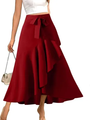 Women's High Waisted Ruffle Skirt Asymmetrical Hem Split Thigh Swing Pleated Drawstring Summer Maxi Long Skirts
